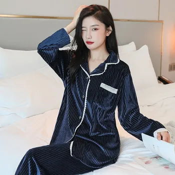 

XIFER Autumn and Winter Gold Velvet Pajamas Women's Long-sleeved Loose Cardigan V-neck Trumpet Sleeve Pajamas Suit Home Service