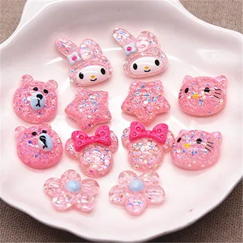 

20pcs Cute Glitter Pink Resin Star/Flower/Bear Cartoon Animal Flatback Cabochons DIY Hair Clip Decoration,about 17mm