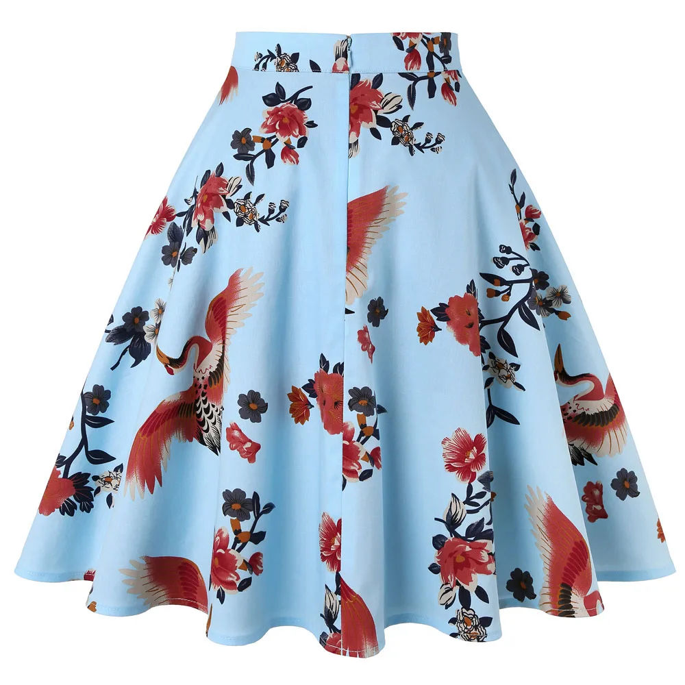 Осенняя винтажная повседневная юбка в стиле ретро, 50s 60 s, модные женские плиссированные юбки миди с высокой талией и цветочным принтом в виде птиц и животных