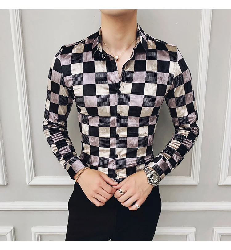 High grade plaid dress shirts men flannel long sleeve black casual shirt slim fit winter thick warm fashion social 4xl