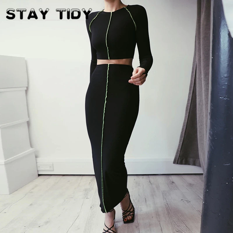 

STAY TIDY Green Line Striped Patchwork 2 Pieces Set 2019 Winter Women Slim Tops And High Waist Maxi Skirts Party Streetwear