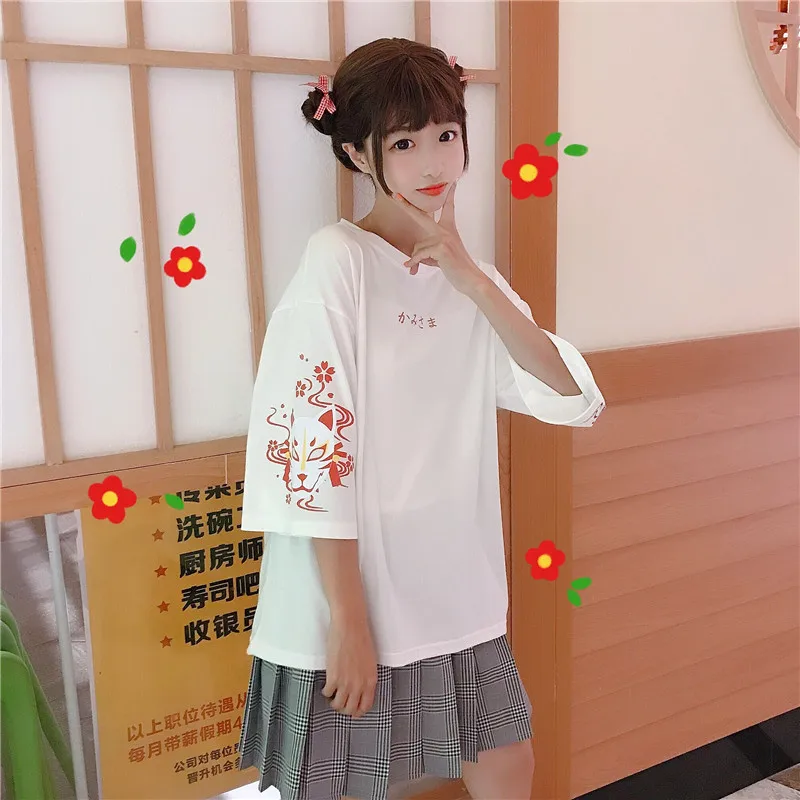 Лиса в древнем стиле свободные Japanese Harajuku женские футболки Винтаж принт Черная футболка короткий рукав леди топы Летняя Свободная Женская футболка