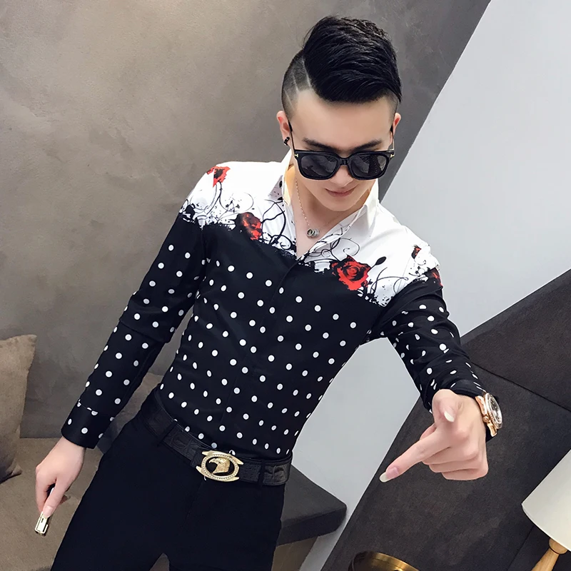 Рубашка с цветочным рисунком для мужчин Kemeja Pria Camisa Masculina, весна-осень, роскошная Клубная рубашка для мужчин с принтом в горошек розы, с длинными рукавами
