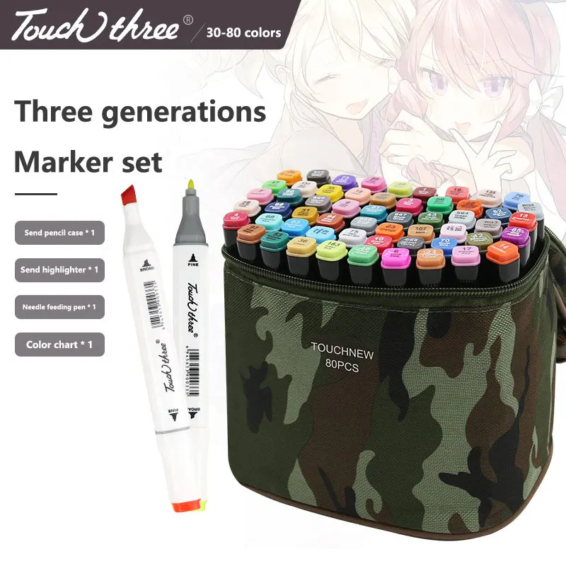 

TOUCHthree Markers 30 40 80 168 Colors Dual Tips Alcohol Graphic Sketch Twin Marker Pen With Bookmark Manga Drawing Art Supplies