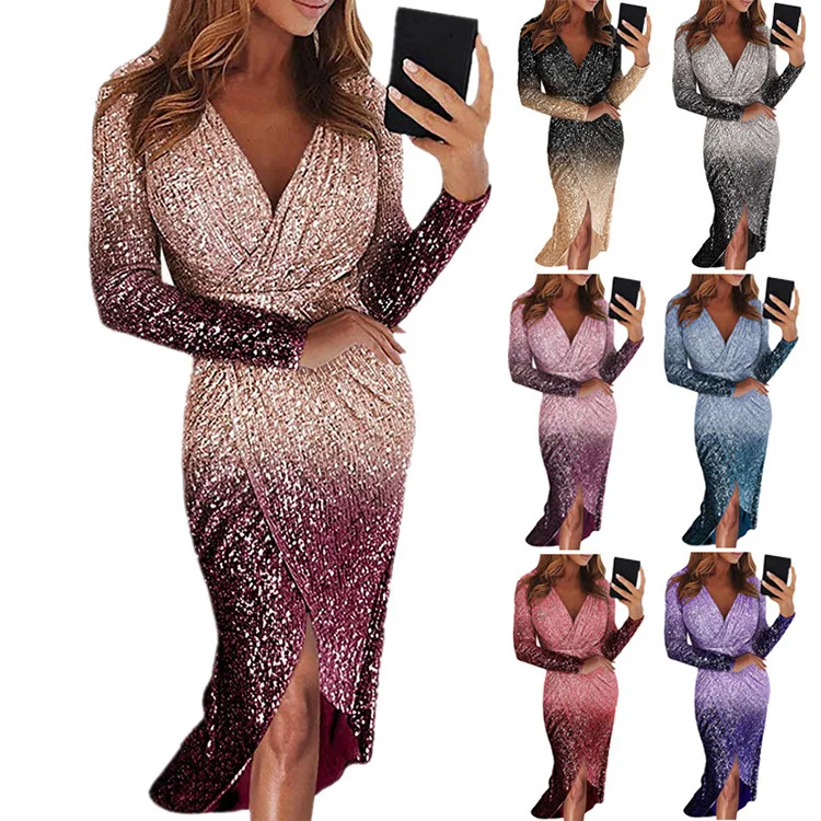 

Evening Dresses 2020 Mermaid With Long Sleeve Dubai Turkey Deep V Neck Sequin For Women Prom Party Night Gowns