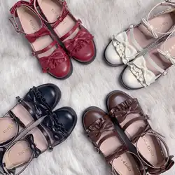 Японский kawaii студенческие симпатичные туфли в стиле «Лолита» в винтажном стиле; круглый носок; удобная женская обувь милый кружевной бант