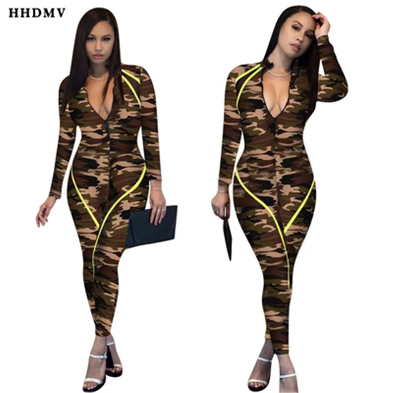 HHDMV YD8136 spring women casual street style jumpsuits long sleeve zipper camouflage tight simple jumpsuits long pants