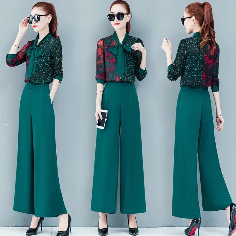 

2020 spring new women small fragrance printed bow shirt 2 piece set temperament wide leg pants fashion suit female xxl