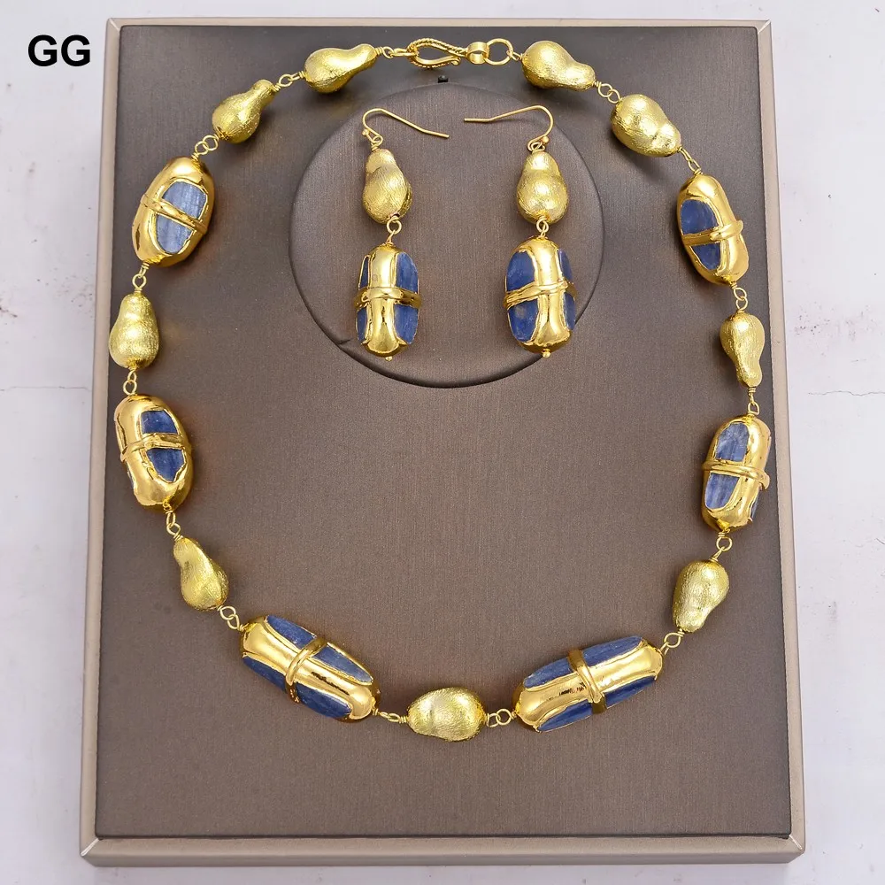 

GG Natural Blue Kyanite Electroplated Edge Gold Plated Brushed Bead Wrap Necklace Earrings Sets For Women