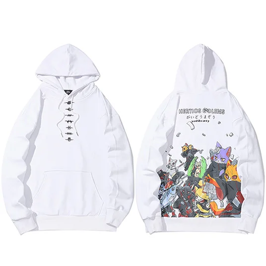 A11622 White Мужская толстовка в стиле хип-хоп, толстовка с капюшоном, аниме, кошка, японская одежда в уличном стиле с принтом из мультфильмов, Harajuku, худи, пуловер, свободные осенние черные свитшоты - Цвет: A11622 White