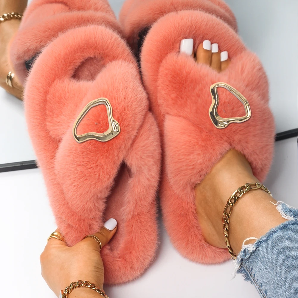 Women Sandals 2022 Female Fluffy Slippers Irregular Metal Decor Furry Slides Ladies Flip Flops Luxury Designer Slippers Shoes