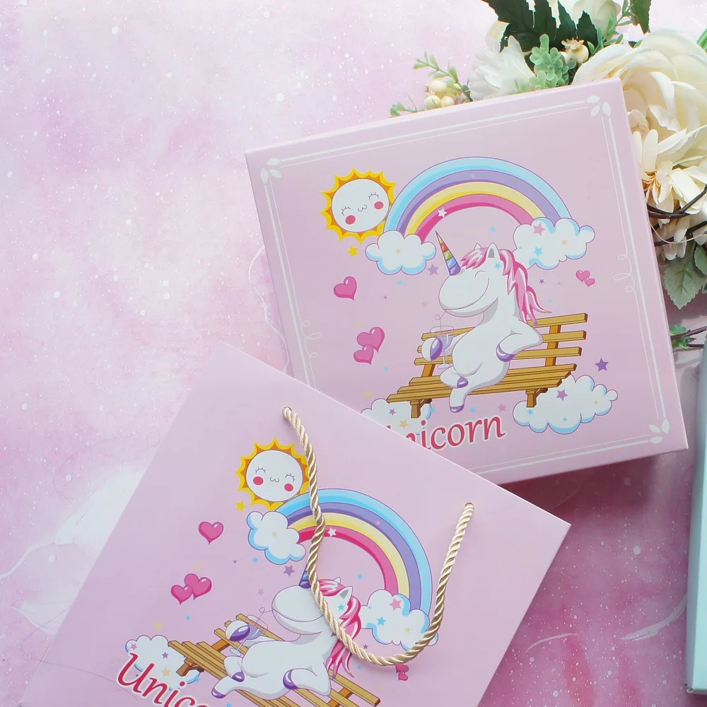 

18.5*18.5*6cm 3set Pink Unicorn At Sky Park Design Paper Box + Bag As Baby Shower Birthday Wedding Gift Packaging Use