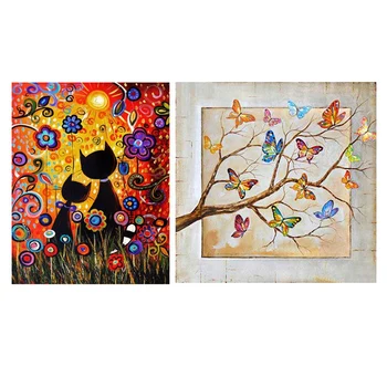 

2 Set 5D Diy Diamond Painting Full Round Diamond Home Decor - Butterfly Tree & Flowers Black Cat