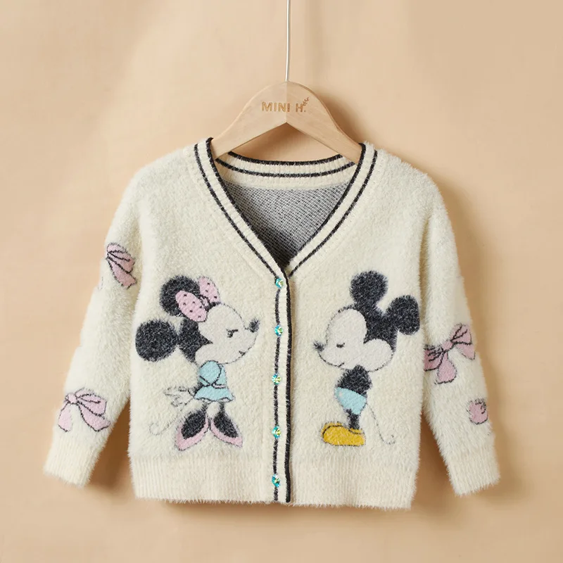 Disney свитер для девочки Бархатный жакет, кардиган, кофта, v-образный вырез, толстый свитер; сезон осень-зима с рисунком Микки Мауса Мышь Детская куртка для мальчиков - Цвет: Бежевый