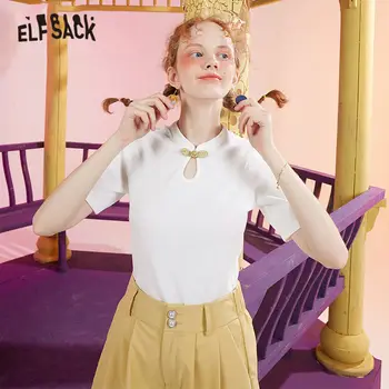

ELFSACK Black Solid Chinese Style Keyhole Buckle Casual Women T-Shirts 2020 Spring White Pure Short Sleeve Female Basic Tops
