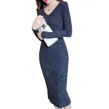 

Vintage Women Long Sleeve V Neck Ribbed Knitted Splitting Slim Bodycon Midi Dress