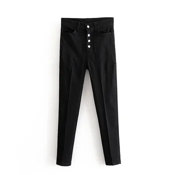 

Fashion Za 2020 women trousers metal button placket new ladies high waist jeans long black elastic force with pocket XS-L