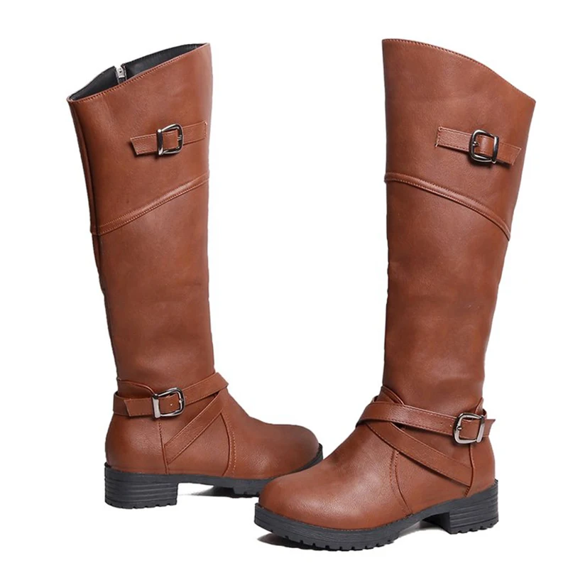 Autumn Shoes Women Knee High Boots Female Buckle Strap Platform Black PU Low Heels Motorcycle Boots Zip Ladies Classic Footwear