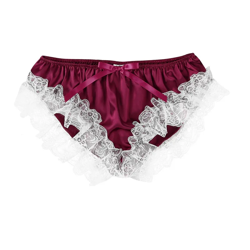 Wine Red Мужское нижнее белье Sissy блестящие мягкие гофрированные Цветочные кружевные атласное белье эластичные Трусики-бикини Sissy мужские сексуальные трусы с низкой посадкой - Цвет: Wine Red