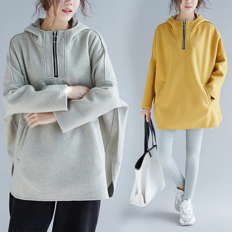 

BIG SIZE Autumn Winter Women Fashion Elegant Solid Color Zipper Tops Ladies Female Plus Large Long Sleeve Loose Hood Sweatshirt