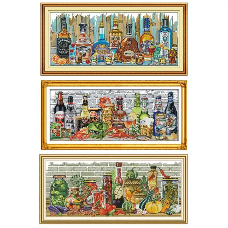 3 sets Вино овощи мультфильм Счетный напечатанный на холсте DMC 11CT 14CT DIY kit вышивка крестиком наборы рукоделия домашний декор - Цвет: 3 sets