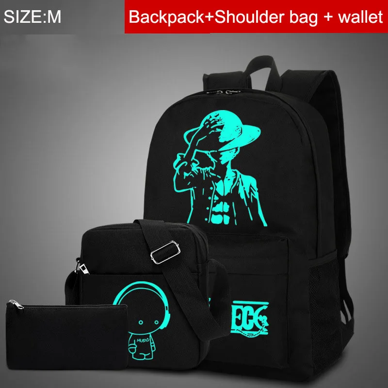 Luffy-M-3PCS Аниме светящийся Оксфордский школьный рюкзак на плечо Детские рюкзаки 15,6 дюймов с usb-портом для зарядки школьная сумка для мальчика - Цвет: Luffy-M-3PCS