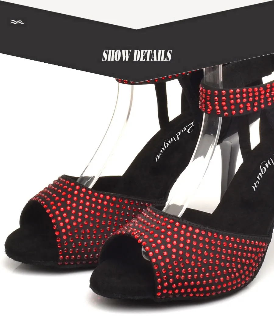 Ladingwu/женская танцевальная обувь; красные стразы; обувь для латинских танцев; Цвет Черный; шелковый атлас; женская танцевальная обувь; сандалии на металлическом каблуке