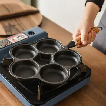 

5 Holes Hamburger Frying Pan Non Stick Wooden Handle Omelette Pan Portable Anti-scalding Eggs Dumpling Frying Pan