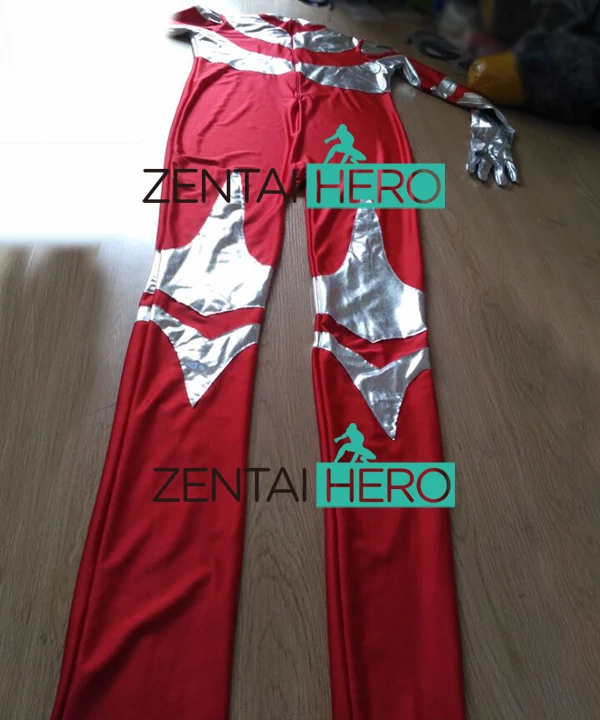 Модный серебряный и красный костюм ультрамена, Супергерой zentai из лайкры и металлик, Маскарадные костюмы