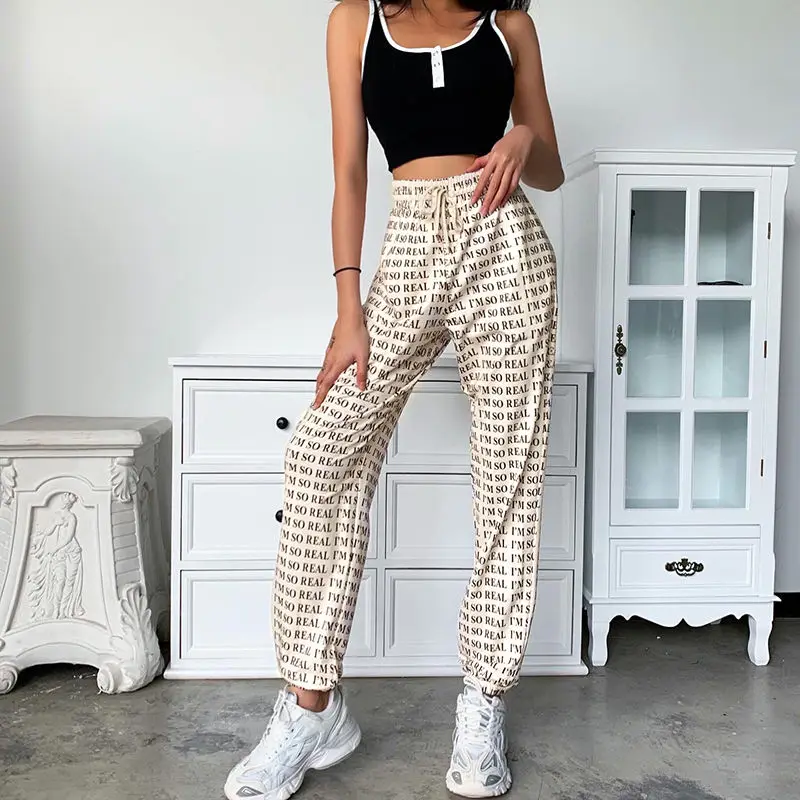 

Sweatpants Women Printed Letter Pants Ankle Banded Pants 2020 Female High Waist Pants Trousers Women Elastic Waist Hip Hop Pants