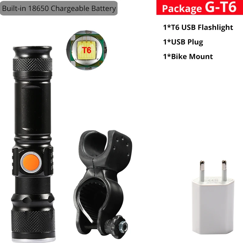 Package G Высокая мощность батарея светодиодный светильник USB Перезаряжаемый светодиодный фонарь светильник фонарь a T6 тактический фонарик для велосипеда светильник - Испускаемый цвет: Package G