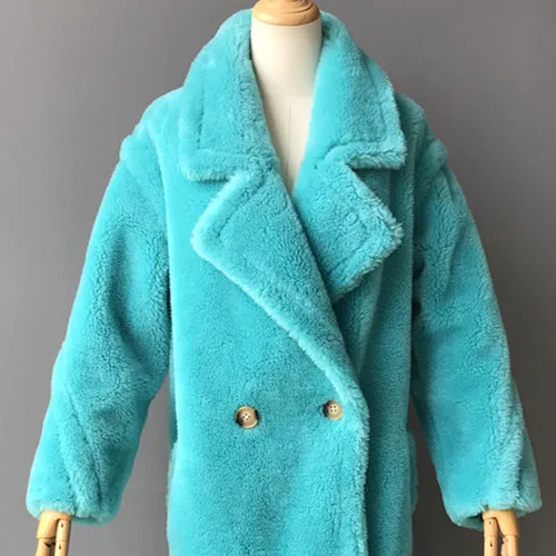 Short Teal MAOMAOFUR натуральная шерсть Teddy Bear пальто Женская Зимняя мода натуральном овечьем меху Меховая куртка женские теплые ботфорты Костюмы; шерстяная Верхняя одежда для детей - Цвет: Short Teal