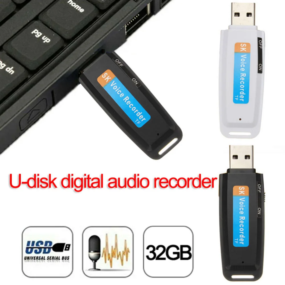 2X Black White USB Voice Recorder U-Disk Digital Audio Voice Recorder USB Flash Drive up to 32GB Micro SD TF