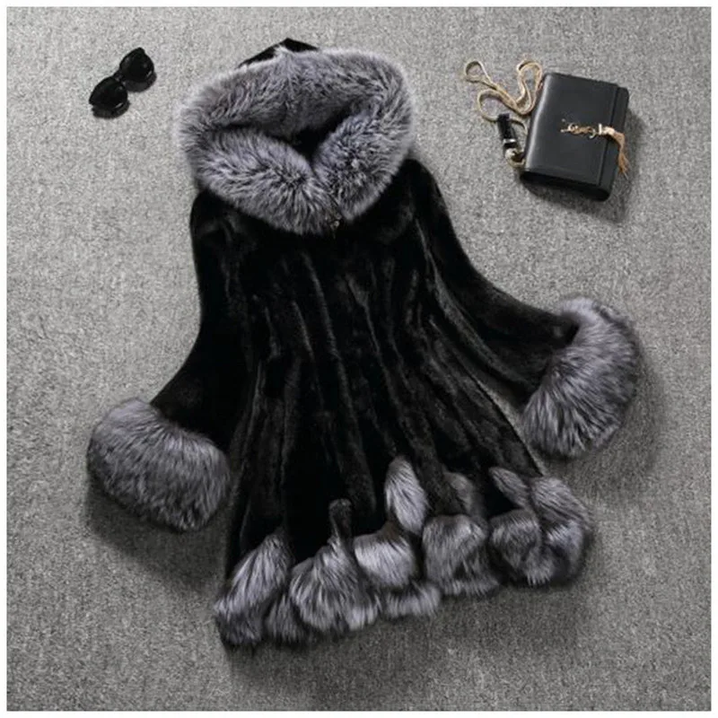 

New High quality Autumn Winter Faux fur Coat Women S-10XL Mink fur Fox fur collar Hooded Jacket Female Slim G592