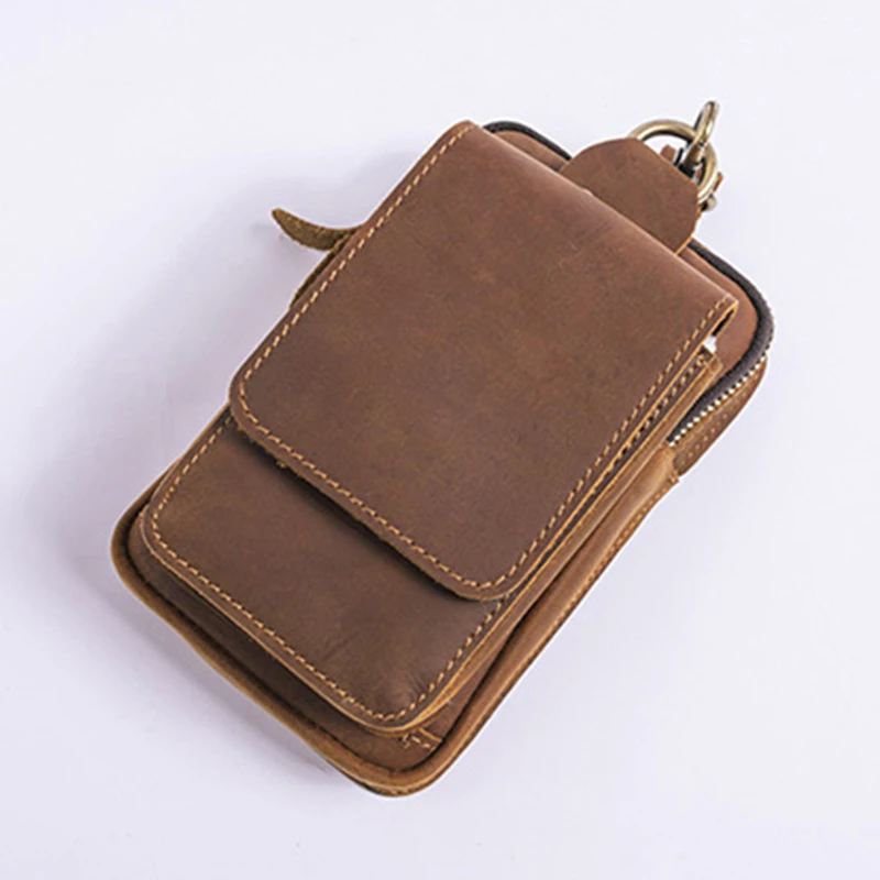Men Genuine Leather Cell/Mobile Phone Waist Fanny Pack Cigarette Case Pouch Hook Male Crazy Horse Cowhide Hip Bum Belt Bags