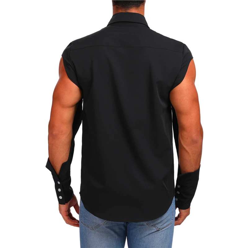 fashion hole sleeve mens hip hop shirts cotton streetwear new brand mens slim fit shirt long sleeve