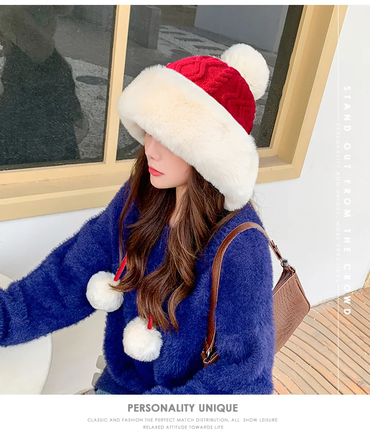 Thicken hat new style ladies fur ball plus velvet warm hood outdoor autumn and winter cold-proof fashion cute woolen wholesale mens leather bomber hat