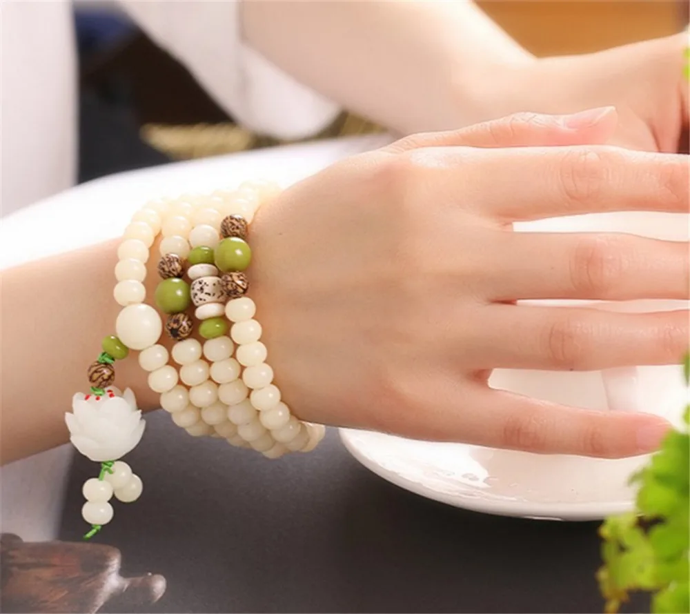 Original Design Natural White Bodhi Root Beads Bracelet Lotus 108 Lotus Mala Healing Prayer Bracelet Women Jewelry Gift bracelet jewelry