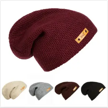 

Women Men's Slouch Beanie Hat Long Chunky Oversized Knitted Hats for Men Fashion BZ Leather Label Solid Color Hipster Skullies