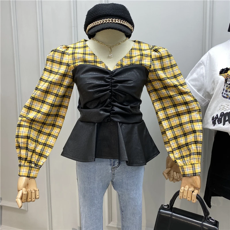 

V Neck Blouse Women 2020 Spring New Retro Hit Color Plaid Puff Sleeve Shirt Panel PU Leather Slim Waist Ruffle Top Shirt Blusas