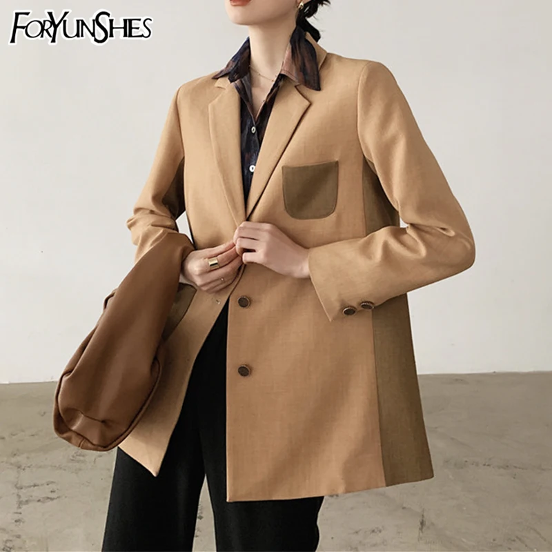 FORYUNSHES Женский блейзер со вставками куртки Femme лоскутные Camel однобортная верхняя