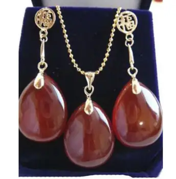 

Free Shipping Red jade Drop Fortune Dangle Pendant Necklace Earrings Set Fashion Wedding Party Jewellery