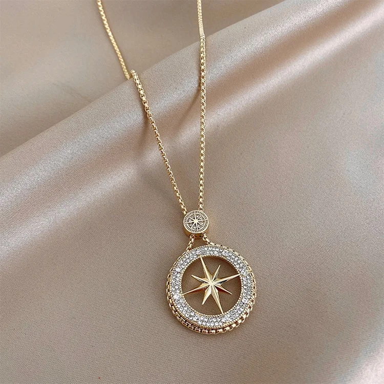 Dainty Zircon North Star Necklaces Women Hip Hop Jewelry Gold Round Eight Pointed Charms Necklace Fashion Party Chains Gift | Украшения и