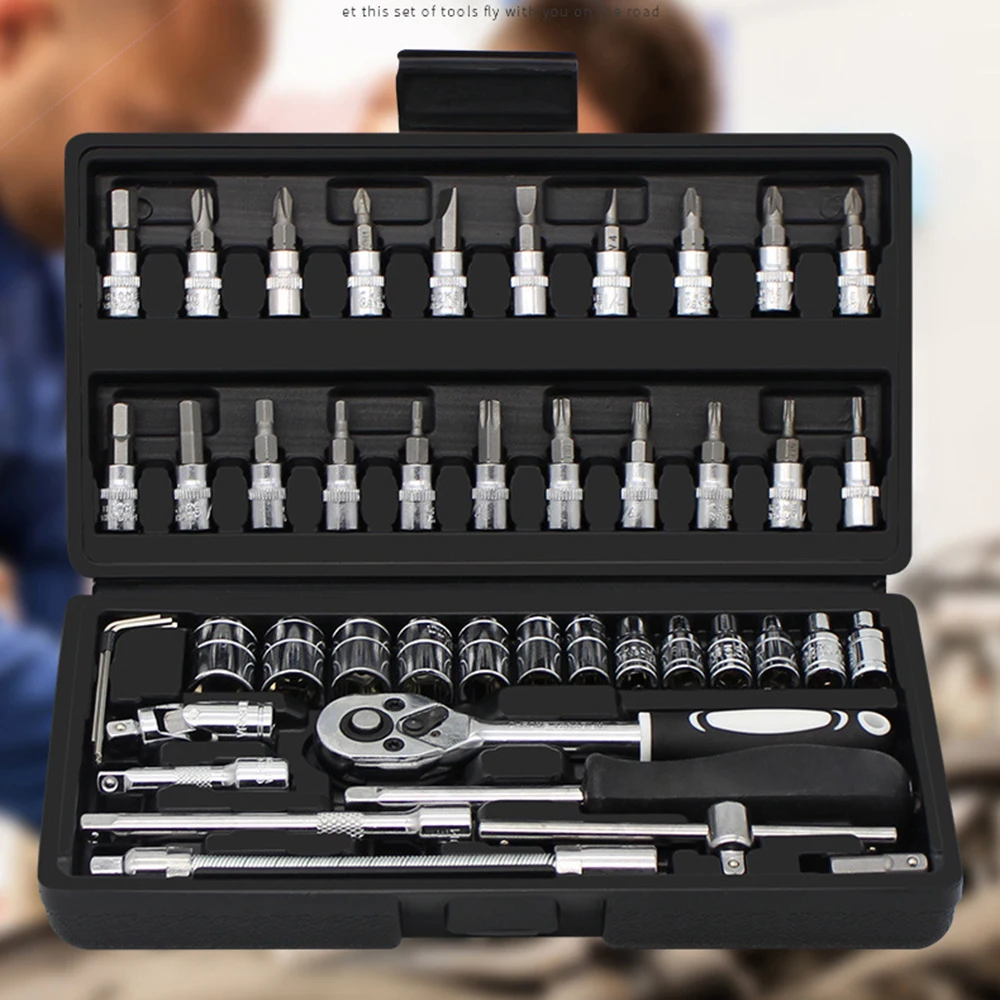 

46pcs/Set Automobile Motorcycle Car Repair Tool Box Precision Ratchet Wrench Set Sleeve Universal Joint Hardware Tool Kit