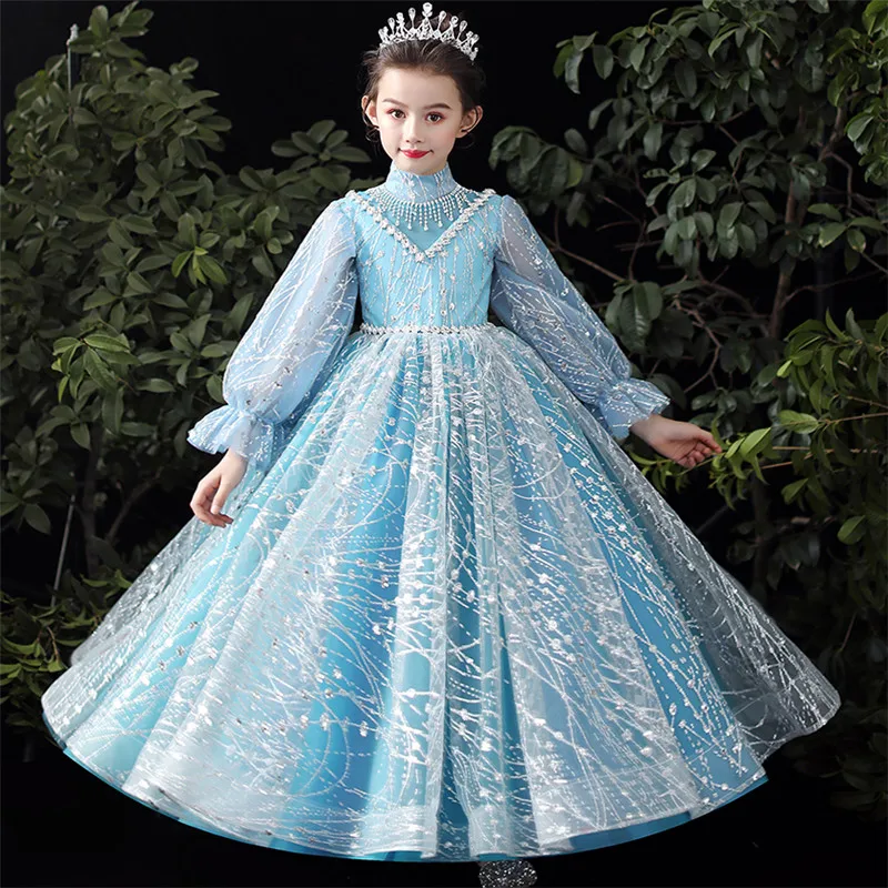 2022 Autumn Winter Luxury New Girls Long Sleeves Sequined Model Show Catwalk Host Piano Dress Kids Teens Birthday Evening | Детская