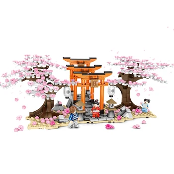 

City Street View Idea Sakura Inari Shrine Building Blocks Friends Cherry Blossom Technic Creator House Tree Figures Bricks Toys