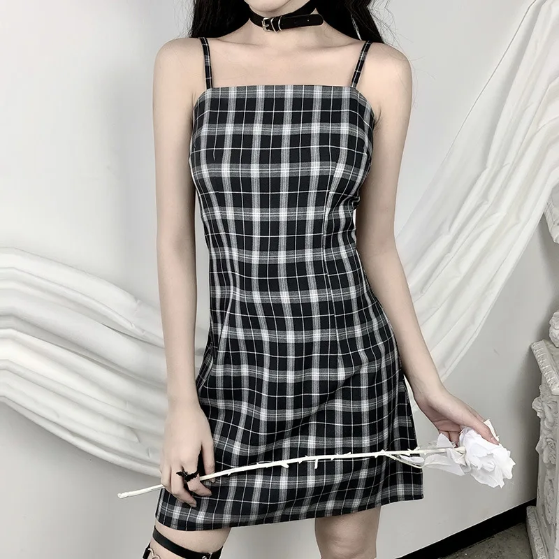 Black Plaid Dark Goth Women A-line Dress Mini Zippers Dresses Backless Sleeveless Punk 2020 Lady Strap Slim Gothic Hipster Sexy