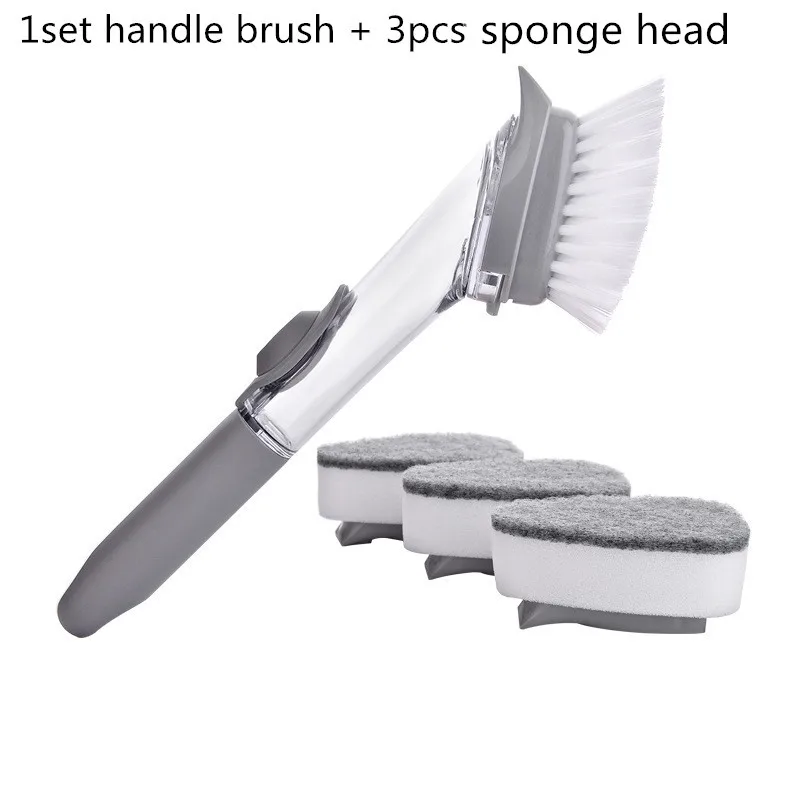 2 в 1 длинная ручка щетка для чистки со съемной насадкой губка диспенсер для мыла набор кистей для мытья посуды кухонные инструменты для чистки - Цвет: 1 set and 3 sponge