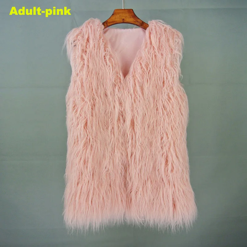 adult-pink fur vest Осень-зима, ворсистый жилет из искусственного меха для мамы и дочки, модный пушистый жилет без рукавов, верхняя одежда, меховая куртка, пальто - Цвет: adult-pink fur vest