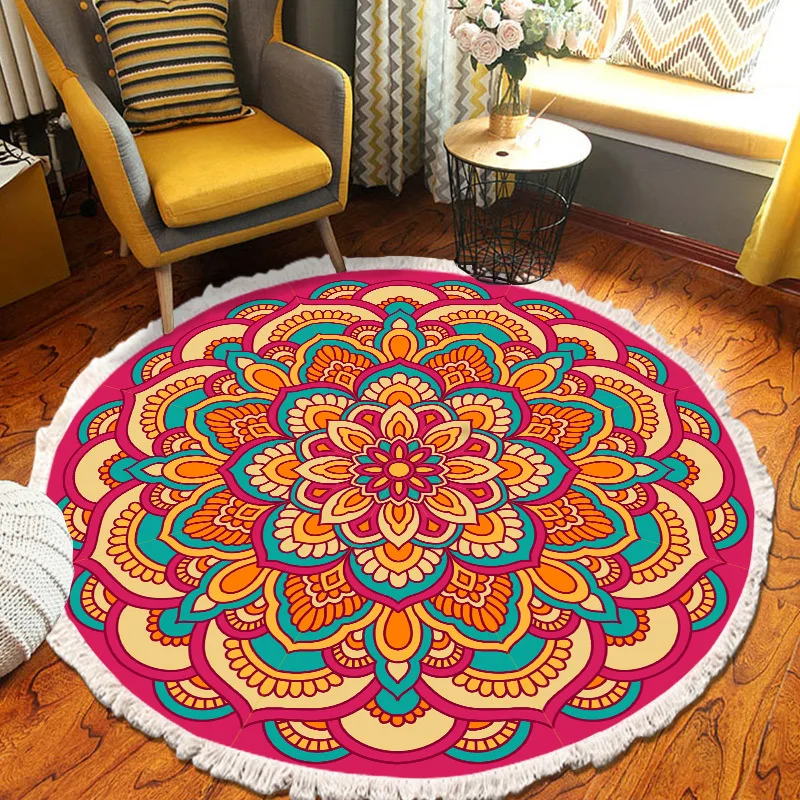 ​Home Decor Retro Bohemian Round Carpet Hand Woven Cotton Linen Carpet Rug Bedside Rug Geometric Floor Mat Living Room Carpet